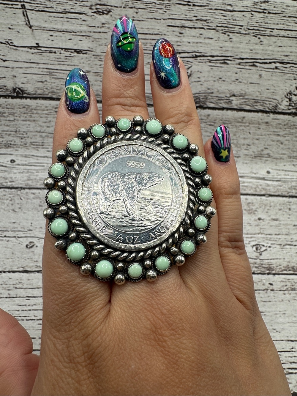 Sterling Silver Coin Ring with Paloma Mint Green Cabochon Halo - Picture 5 of 5